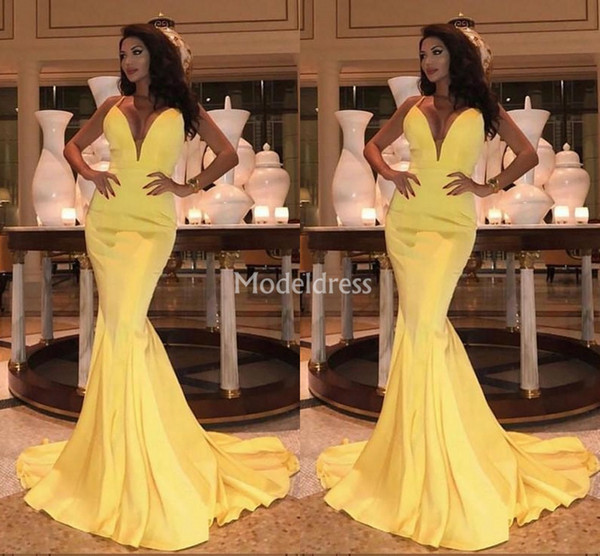 Arabric Yellow Mermaid Evening Dresses Deep V-Neck Sweep Train Solid Special Occasion Dresses Plus Size Formal Party Prom Gowns Hot Vestidos