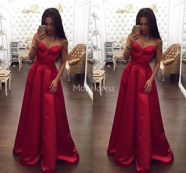 Sexy Red Sweetheart Evening Dresses A Line Sweep Train Formal Party Prom Gowns Simple Special Occasion Dresses Cheap Chic Vestidos De Fiesta