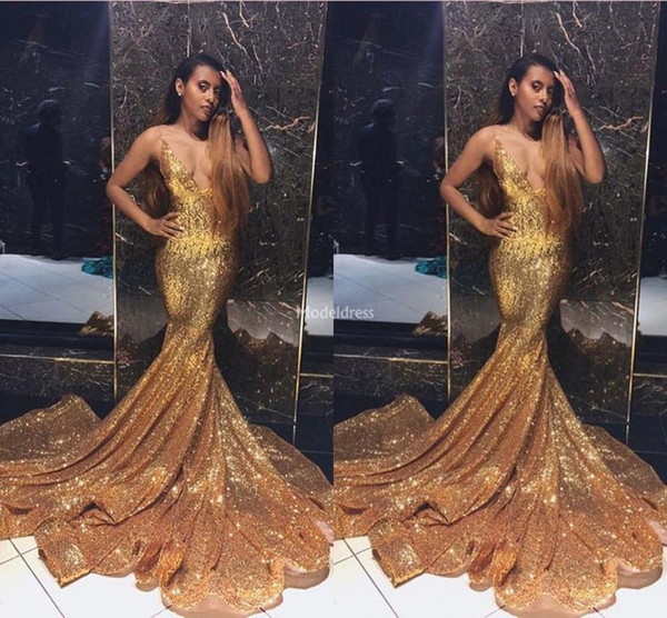 Arabric Biling Gold Mermaid Sexy Evening Dresses Deep V-Neck Sequined Sweep Train Hot Special Occasion Dresses Modern Formal Party Prom Gown