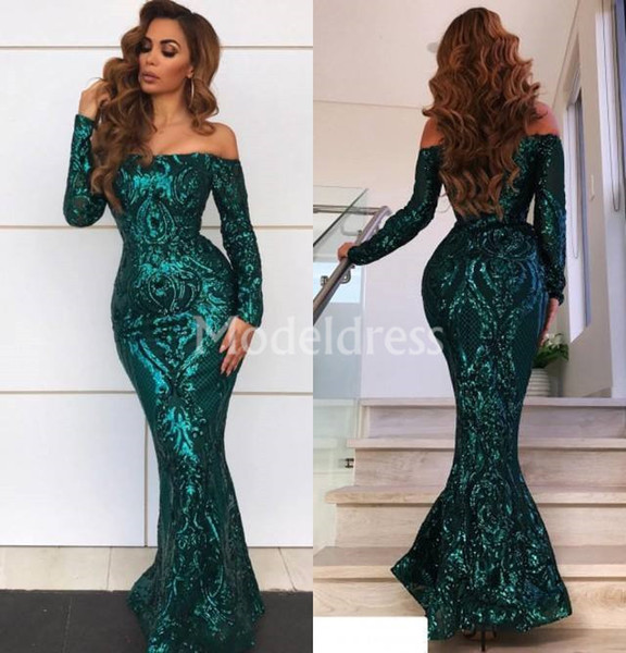 Luxury Sparkly Mermaid Evening Dresses Long Sleeves Off Shoulder Sequines Biling Formal Party Evening Gowns Hot Special Occaion Dresses