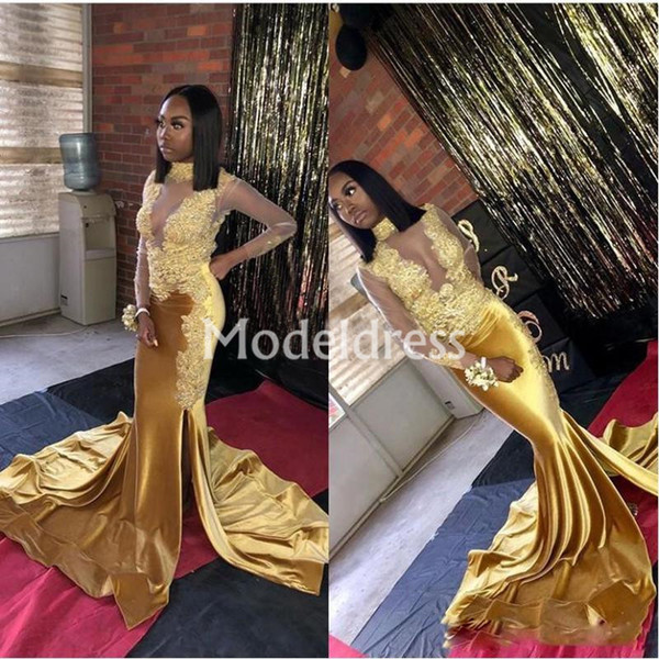 African Gold Lace Mermaid Evening Dresses Illusion Long Sleeves Sweep Train Side Split Formal Party Prom Gowns Sexy Special Occasion Dresses