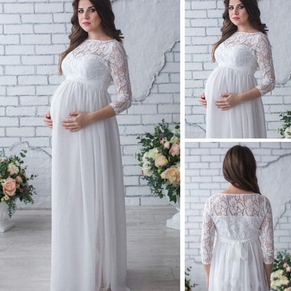 Plus Size Maternity Evening Dresses for Pregnant Women Chiffon A Line Lace See Through 3/4 Long Sleeves Elegant Evening Gowns 