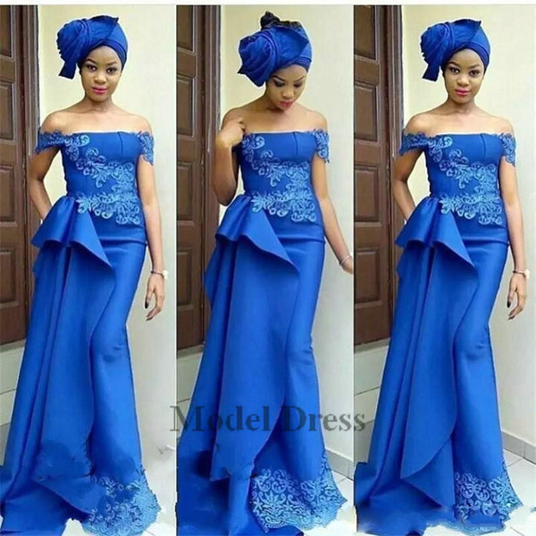 Royal Blue Mermaid Evening Dresses Off The Shoulder Lace Appliques Custom Made Satin Long African Women Formal Evening Gowns for Party