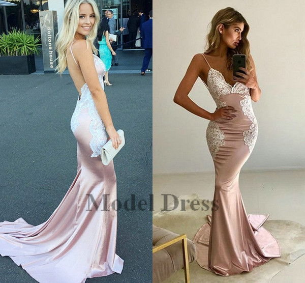 Sexy Backless Mermaid Evening Dresses Spaghetti Straps White Lace Appliques V Neck Women Party Gowns Pink Satin Elegant Dresses for prom