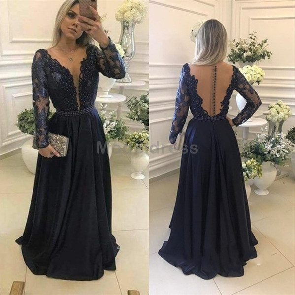 Gorgeous Sexy Evening Dresses Sheer Neck Long Sleeve Appliques Beaded Pearls Floor Length Formal Evening Party Gowns Wear Plus Size