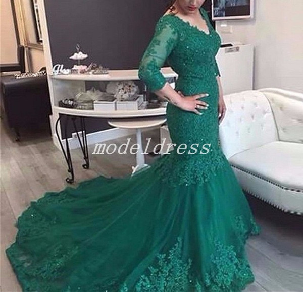 Arabic Green Mermaid Evening Dresses V Neck 3/4 Long Sleeve Sweep Train Lace Formal Prom Party Gowns vestidos de fiesta Plus Size