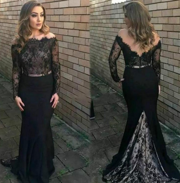 Long Sleeve Mermaid Evening Dresses Off Shoulder Backless Sweep Train Elegant Formal Black Lace Prom Party Gowns Plus Size Customized