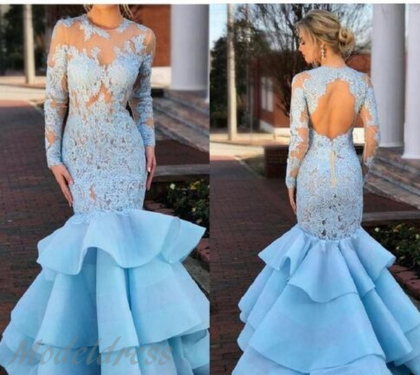 African Elegant Mermaid Evening Dresses Sheer Long Sleeve Jewel Tiered Train Appliques Ligth Sky Blue Formal Evening Party Gowns Cheap