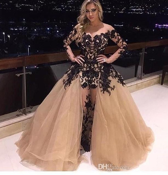 Champagne Off Shoulder Prom Dress Gorgeous Detachable Train Black Lace Applique Long Sleeve Party Dress Sexy Fashion Mermaid Evening Gowns