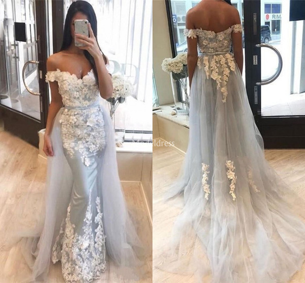 Charming 3D Flowers Mermaid Evening Dresses Hand Made Flowers Detachable Train Off Shoulder Sweep Train Prom Dresses Vestidos De Fiesta