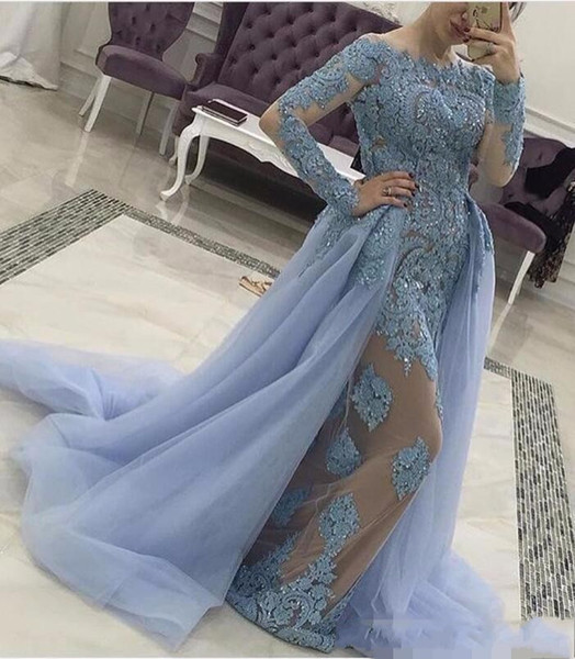 Long Sleeves Overskirts Dresses Evening Wear Sheer Neck Appliques Beads Mermaid Modest Arabic Light Sky Blue Prom Party Gowns Custom