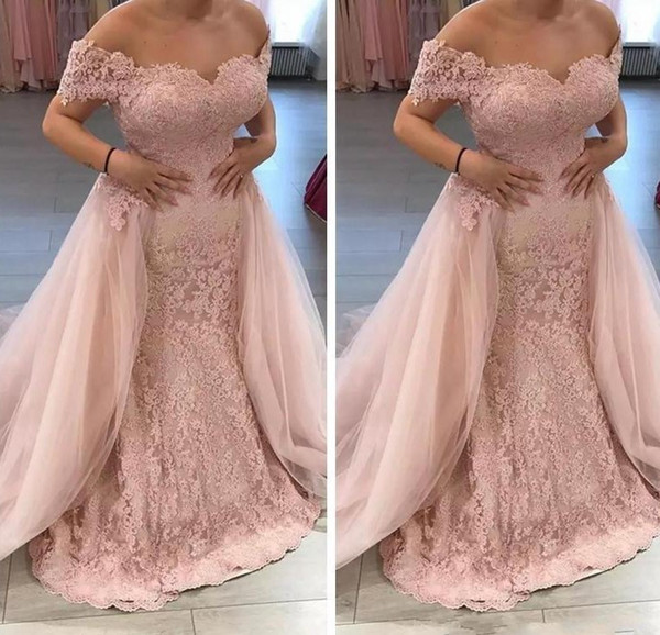 Blush Mermaid Evening Dresses Off Shoulder Sweep Train Lace Appliques Long Formal Prom Party Gowns Special Occasion Dress