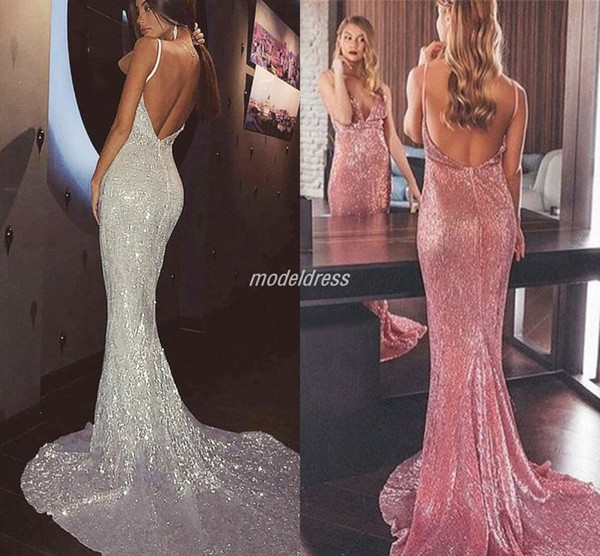 Sexy Sparkly Mermaid Evening Dresses Spaghetti Backless Sweep Train Formal Prom Party Gowns vestidos de fiesta Special Occasion Dress