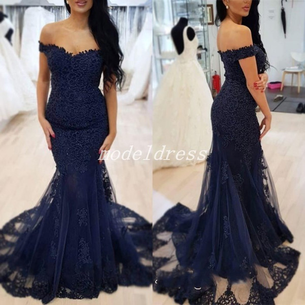 Arabic Dark Navy Mermaid Evening Dresses Off Shoulder Sweep Train Appliques Formal Prom Party Gowns Special Occasion Dress Plus Size