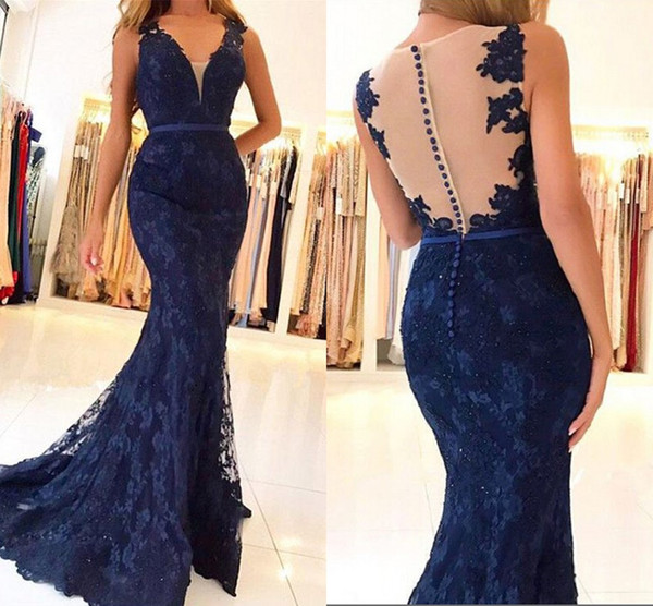 Dark Navy Mermaid Evening Dresses V Neck Sweep Train Lace Long Formal Prom Party Gowns Vestidos De Fiesta Special Occasion Dress