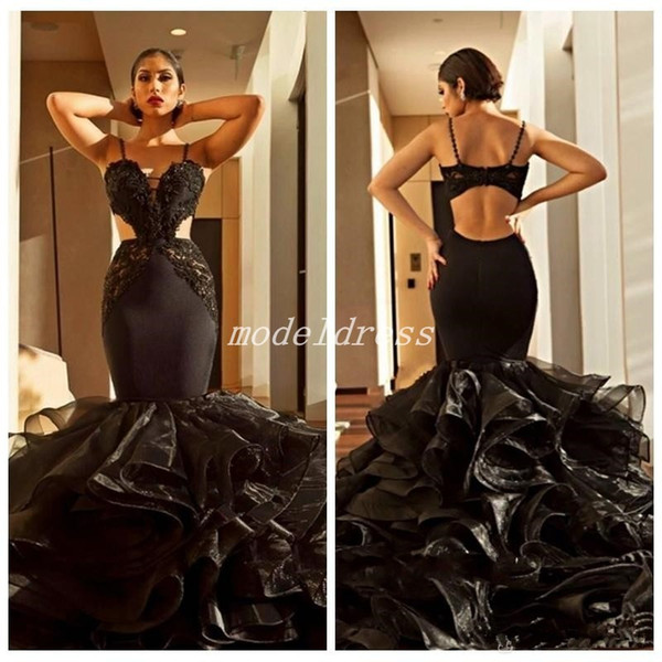 Arabic Black Mermaid Dresses Evening Wear Spaghetti Backless Cutaway Sides Appliques Tiered Formal Prom Party Gowns Special Occasion Dress