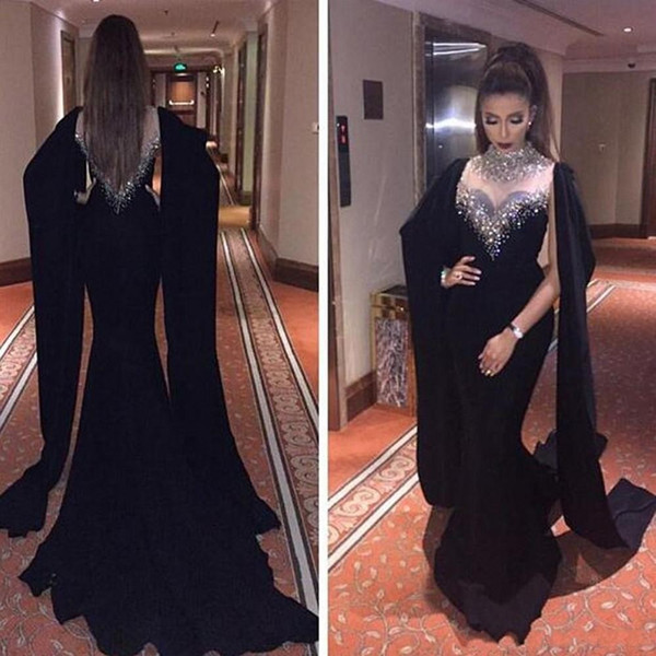 Black Mermaid Evening Dresses See Through Back High Neck Sequins Beading Crystals Elegant Formal Arabic Evening Gowns Custom Made