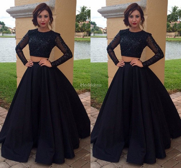 Unique Design Black Evening Dresses Jewel Neck Long Sleeves Two Pieces Sweep Train A Line Formal Party Evening Gowns Vestidos De Fiesta