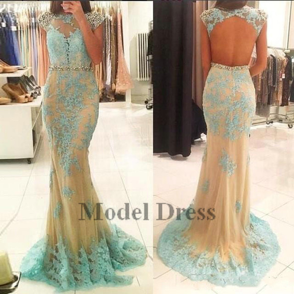 ModelDress Champagne Long Evening Dresses With Appliques For Women Cap Sleeve Mermaid Prom Party Gowns In Formal 