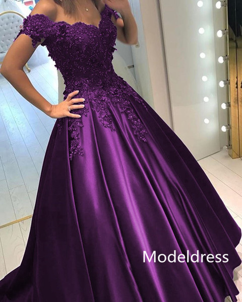 New Formal Evening Dresses Off Shoulder Appliques Beads A Line Long Vestidos De Fiesta Purple Royal Blue Prom Party Gowns Cheap Custom