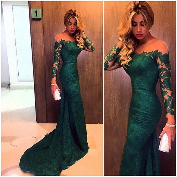 Formal Dark Green Lace Evening Gowns Long Sleeves Sheer Neck Mermaid Long Arabic Dubai Prom Party Special Occasion Dresses Customized