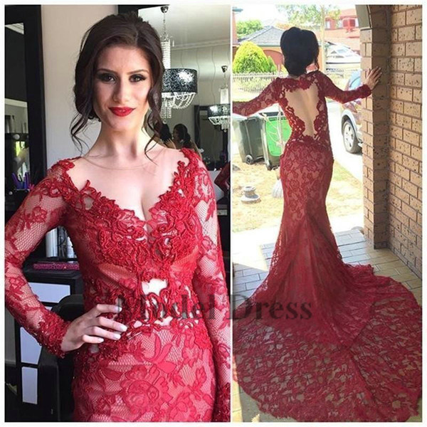 Dark Red Full Lace Long Sleeve Evening Dresses Mermaid Sheer Back Court Train African Women Formal Evening Gowns vestidos de fiesta