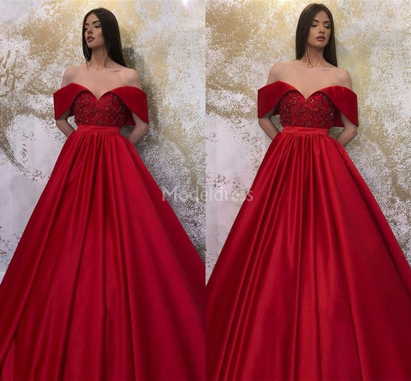 Modest Red Evening Dresses Off Shoulder Beads Sweep Train Plus Size Formal Party Prom Gowns Special Occasion Dresses Vestidos De Fiesta