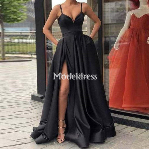 New Arrival High Side Split Evening Dresses With Pockets Spaghetti Sweep Train Special Occasion Dresses Cheap Formal Party Prom Gowns Custom