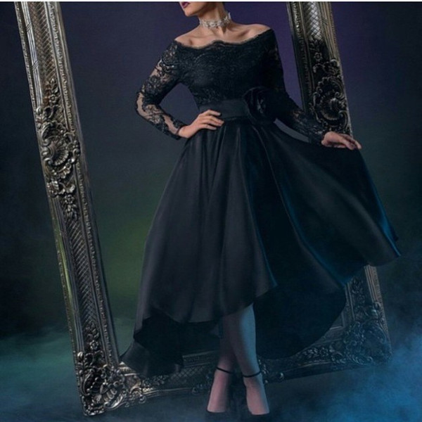 Arabic Dubai Formal Evening Dresses Long Sleeves Bateau Lace Knee Length Modest Black Satin Prom Party Woman Special Occasion Gowns