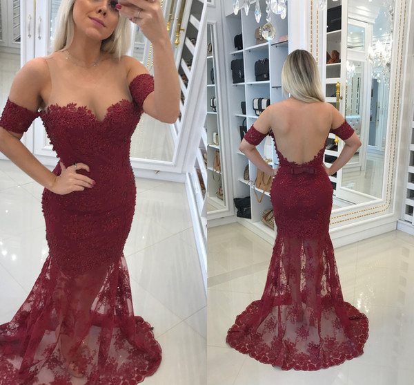 New Burgundy Arabic Lace Evening Dresses Sheer Neck Appliques Illusion Back Mermaid Long Formal Prom Party Gowns Vestidos Customized