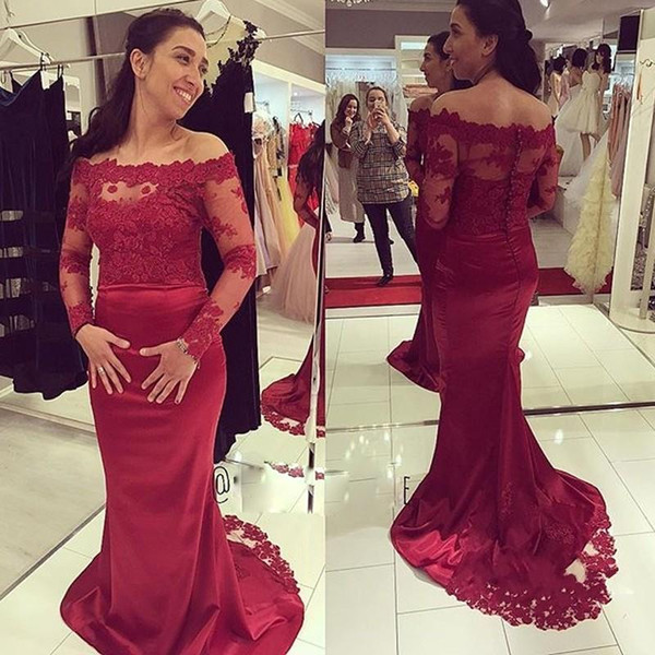 Long Sleeves Formal Evening Dresses Off Shoulder Appliques Mermaid Sweep Train Dark Red Prom Party Gowns Vestidos Cheap Customized