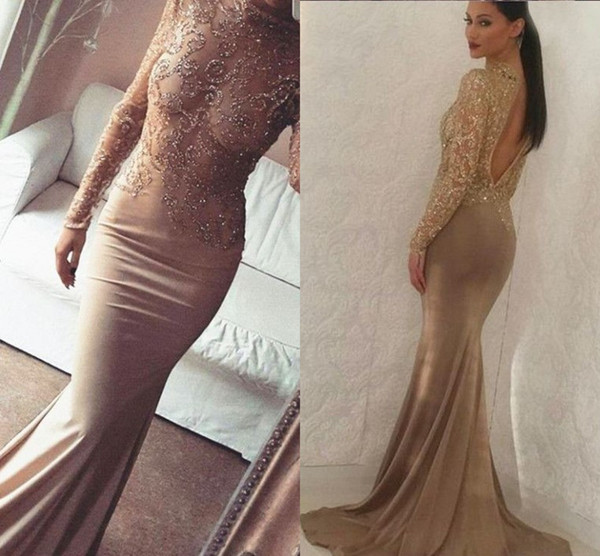 Long Arabic Evening Formal Dresses Mermaid Prom Dress Long Sleeve Hollow Back Major Beading Special Occasion Dress Celebrity Gowns