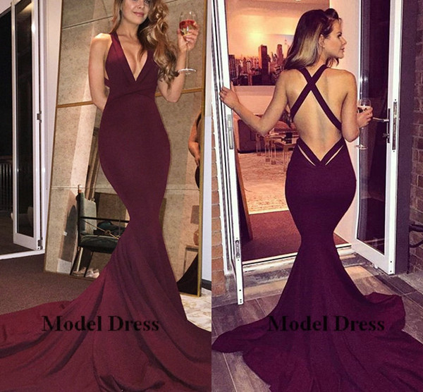 Sexy Backless Long Mermaid Evening Dresses Deep V Neck Satin Long Train Simple Women Party Dresses Elegant Vestidos de fiesta largos