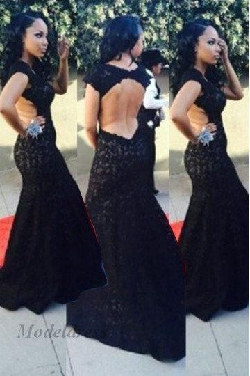 Black Lace Mermaid Evening Dresses with Open Back Floor Length Sexy Elegant Women Evening Gowns for Special Occasions Handmade Fashion