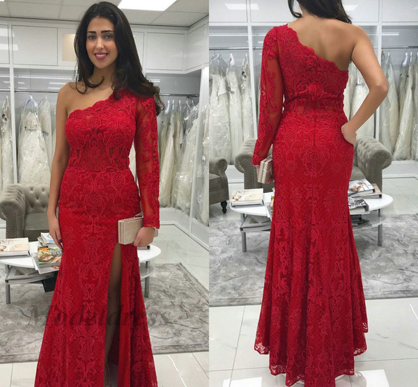 One Shoulder Lace Evening Dresses Long Sleeves Side Split Floor Length Elegant Formal Evening Gowns Women Gowns Custom