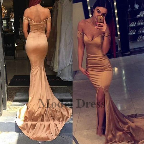 New Design Sexy Gold Evening Dresses Off Shoulder Sweetheart Mermaid Side Split Elegant Evening Gowns Formal Sweep Train Hot Sale Cheap