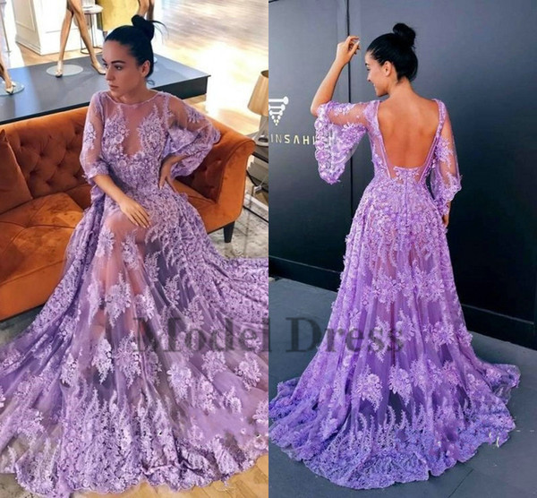 Purple Backless Celebrity Evening Dresses with Half Sleeves Sexy See Through Sheer Tulle Appliques Lace A Line Formal Evening Gowns