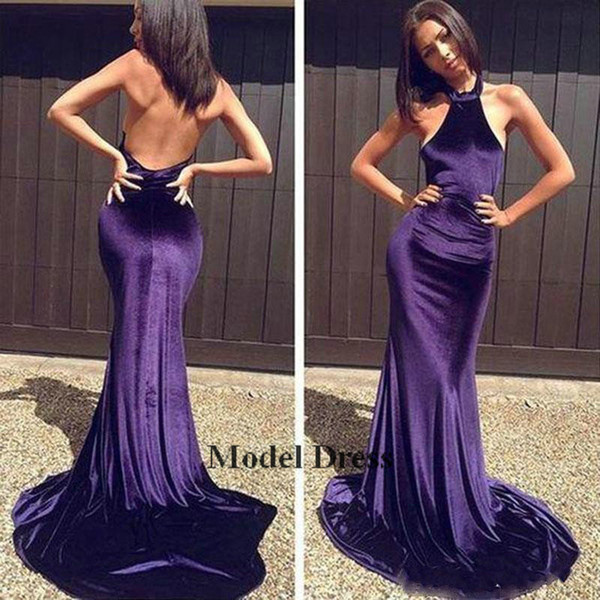 Purple Sexy Backless Velvet Evening Dresses Long Mermaid Sweep Train Simple Fashion Style Custom Made Formal Evening Gowns for Women