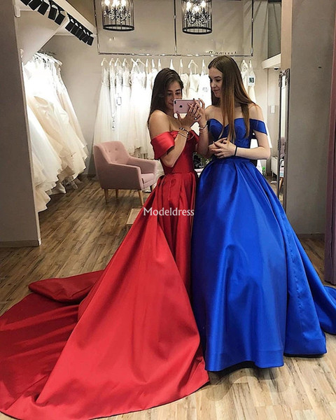 Sexy Off Shoulder Evening Dresses Pleats A Line Sweep Train Formal Party Prom Gowns Modern Special Occasion Dresses Cheap Vestidos De Fiesta