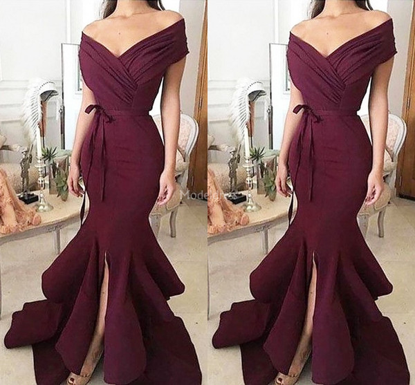 Latest Mermaid Evening Dresses V-Neck Pleats Side Split Sweep Train Sexy Formal Party Prom Gowns Cheap Special Occasion Dress Vestido Custom