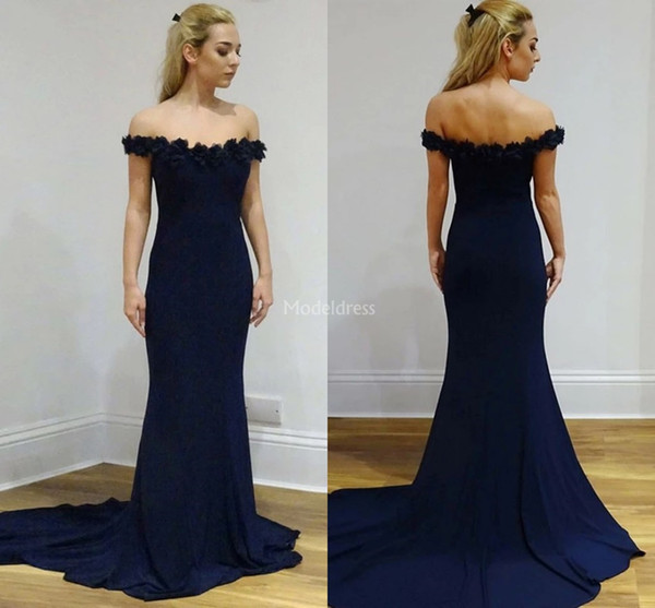 Stylish Mermaid Evening Dresses Off Shoulder Hand Made Flowers Sweep Train Formal Party Evening Gowns Modern Special Occasion Dress Vestidos