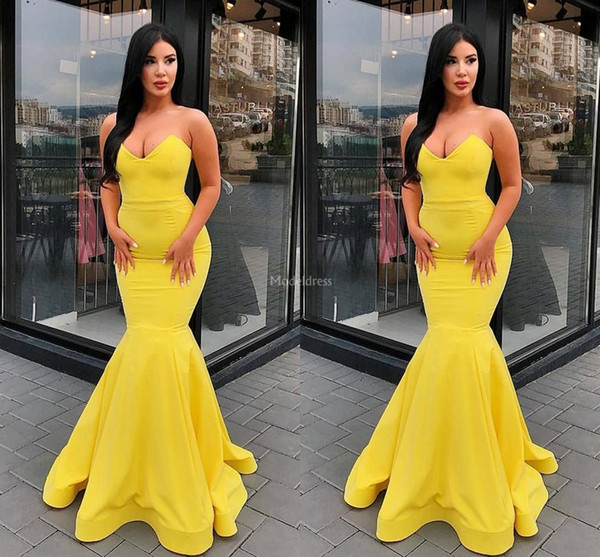 Sexy Mermaid Yellow Evening Dresses Strapless Sweep Train Hot Sale Formal Party Prom Gowns Stylish Special Occasion Dress Cheap Vestido