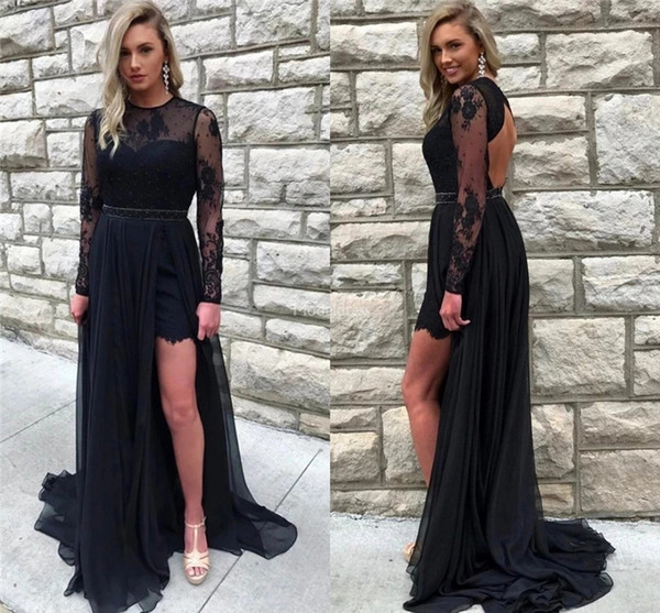 Charming Lace Black Evening Dresses Jewel Neck Side Split Sweep Train Special Occasion Dresses With Illusion Long Sleeves Vestidos De Fiesta