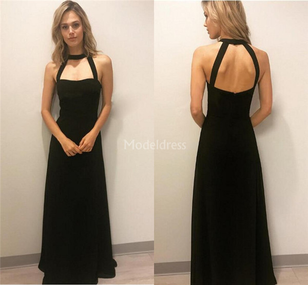 Simple Black Evening Dresses Open Back A Line Sweep Train Elegant Formal Party Evening Gown Cheap Special Occasion Dress Retro Vestidos