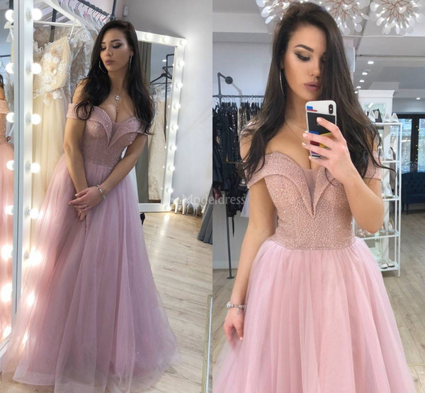 Luxury Arabric Evening Dresses Off Shoulder A Line Beads Tulle Floor Length Modern Special Occasion Dress Sexy Party Prom Gown Vestidos