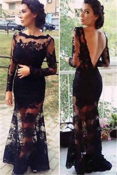 Stylish Black Lace Mermaid Evening Dresses Illusion Backless Sweep Train Hot Special Occasion Dresses Cheap Formal Party Prom Gowns Vestidos