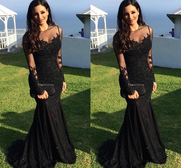 Sexy Lace Black Mermaid Evening Dresses Sheer Neck Illusion Long Sleeves Sweep Train Formal Party Prom Gown Chic Special Occasion Dress