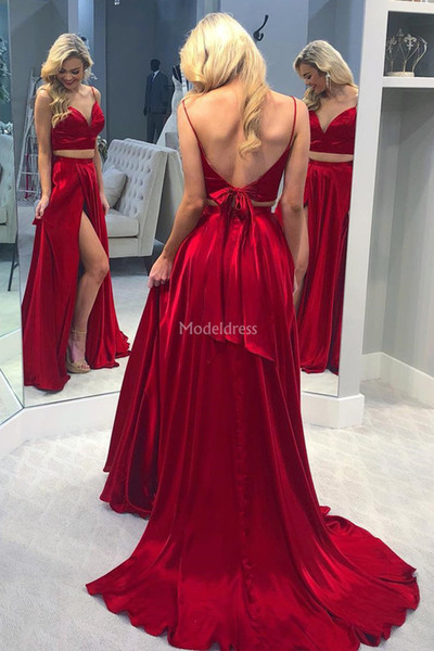 Sexy Red Prom Evening Dresses V-Neck Two Pieces Sweep Train Backless High Side Split Special Occasion Dress Formal Party Prom Gowns Vestidos