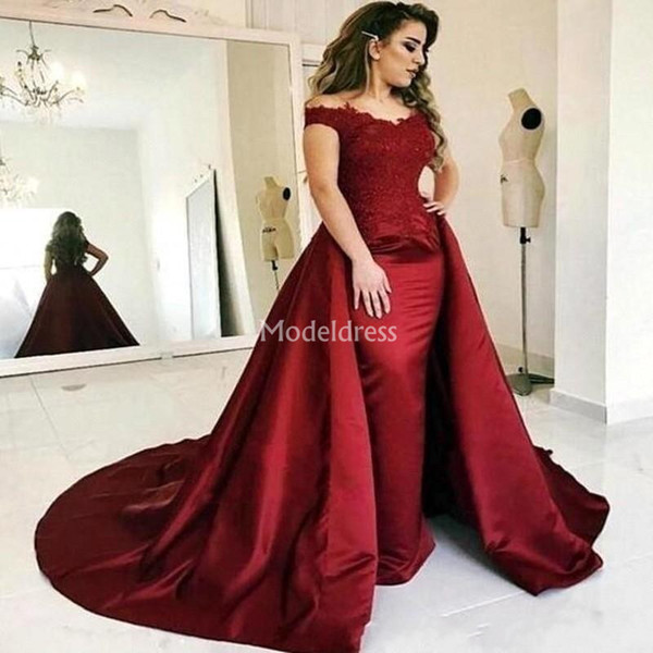 Luxury Red Mermaid Evening Dresses Detachable Train Off Shoulder Sweep Train Gorgeous Special Occasion Dress Charming Formal Party Prom Gown