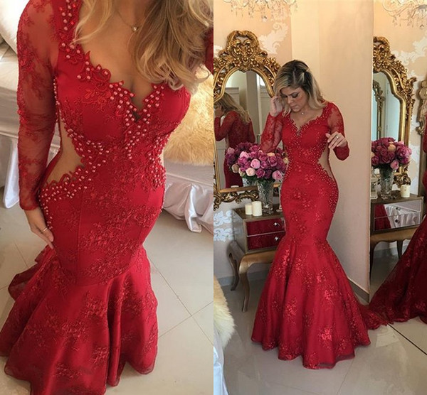 New Formal Red Lace Dresses Evening Wear Long Sleeves Pearls Mermaid Elegant Arabic Steven Khalil Prom Party Special Occasion Gowns